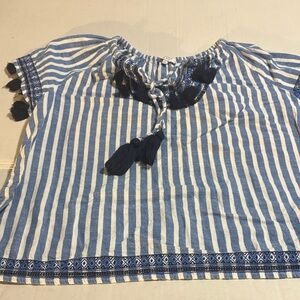 Crown & Ivy Blue and White Striped Blouse with Tassels